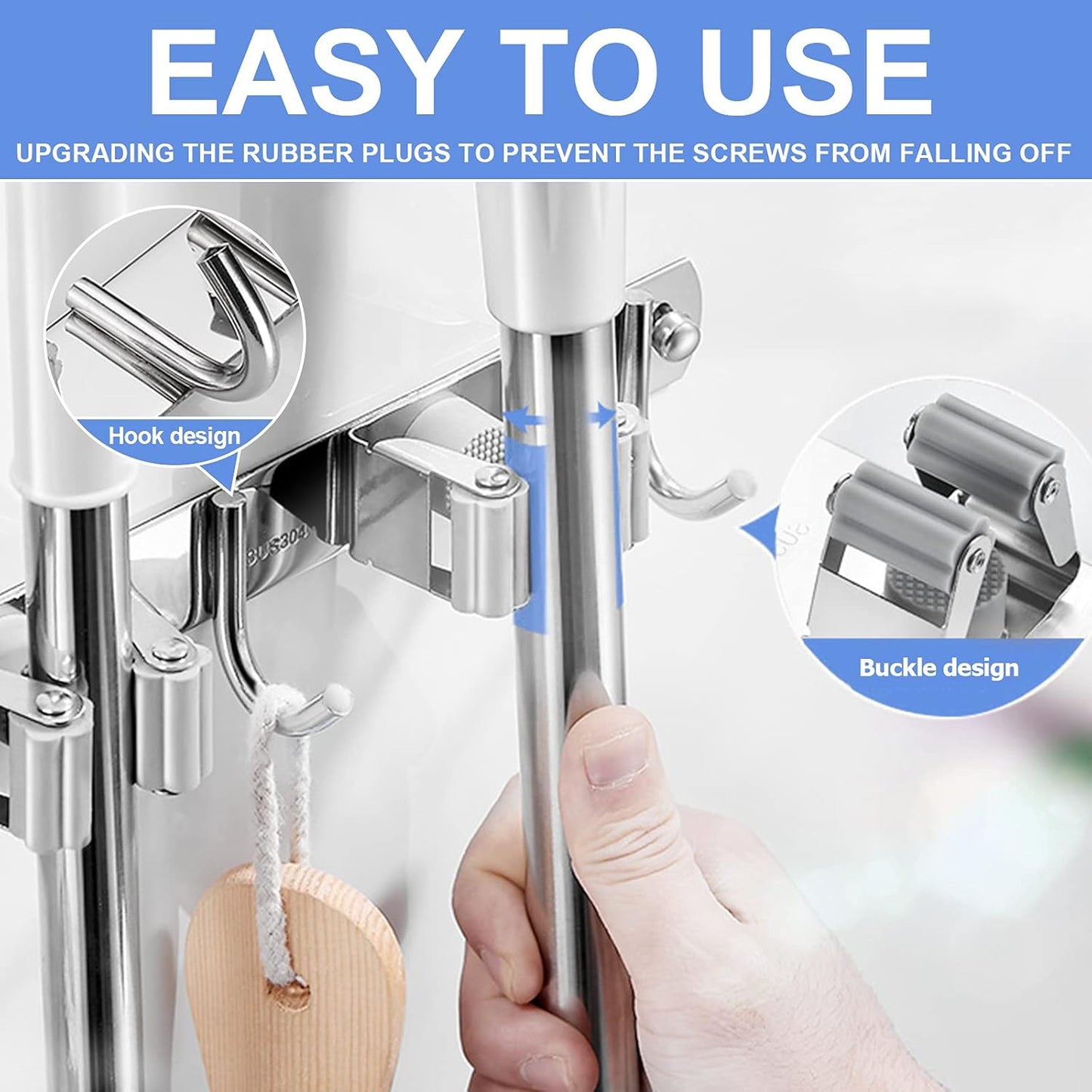 Broom Mop Holder Wall Mount - 5 Slots & 4 Hooks Broom Mop Organizer Wall Mount, Stainless Steel, Heavy Duty, Self Adhesive, Solid Non-Slip, for Laundry Room Garage Closet Basement Organization