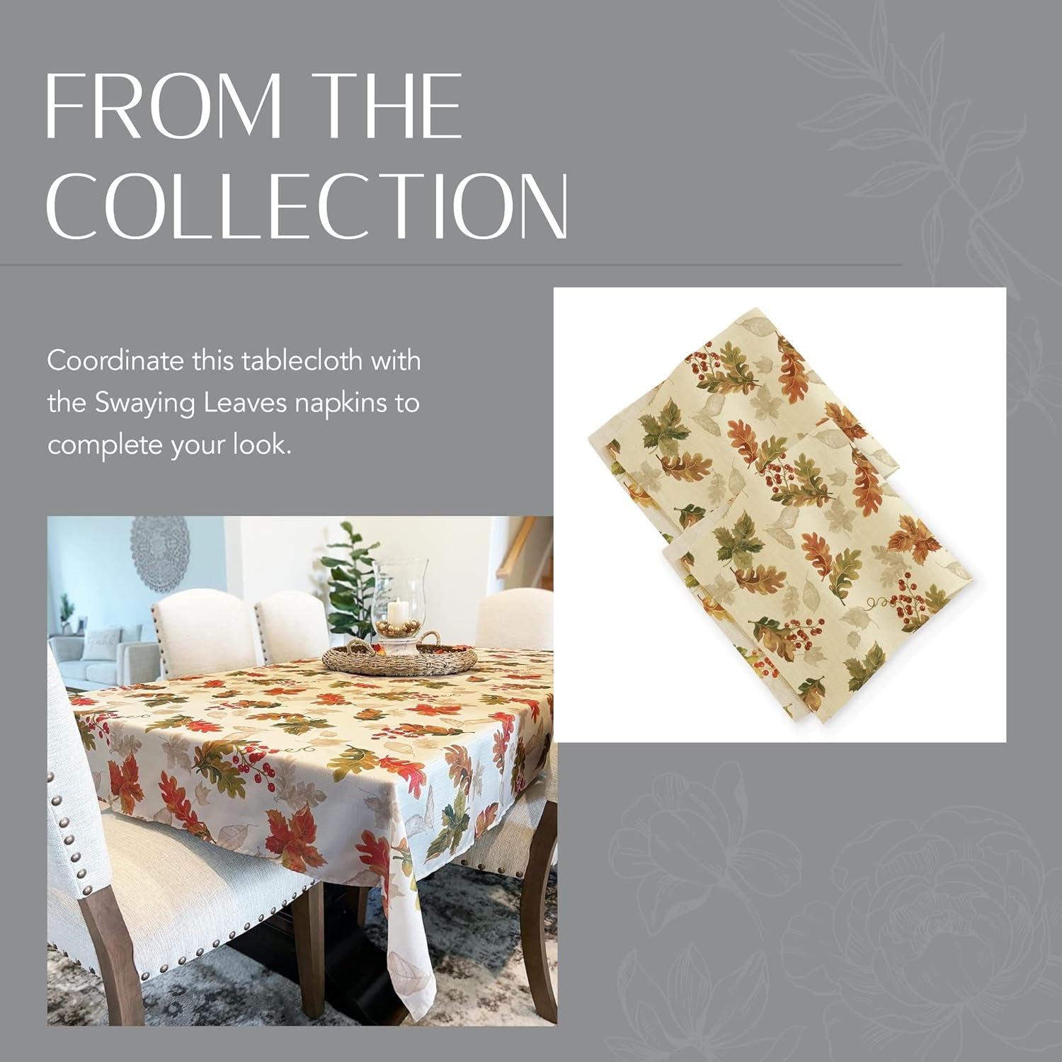 Home Fashions Swaying Leaves Printed Fall Tablecloth, Autumn Table Decor, Square, 52 in X 52