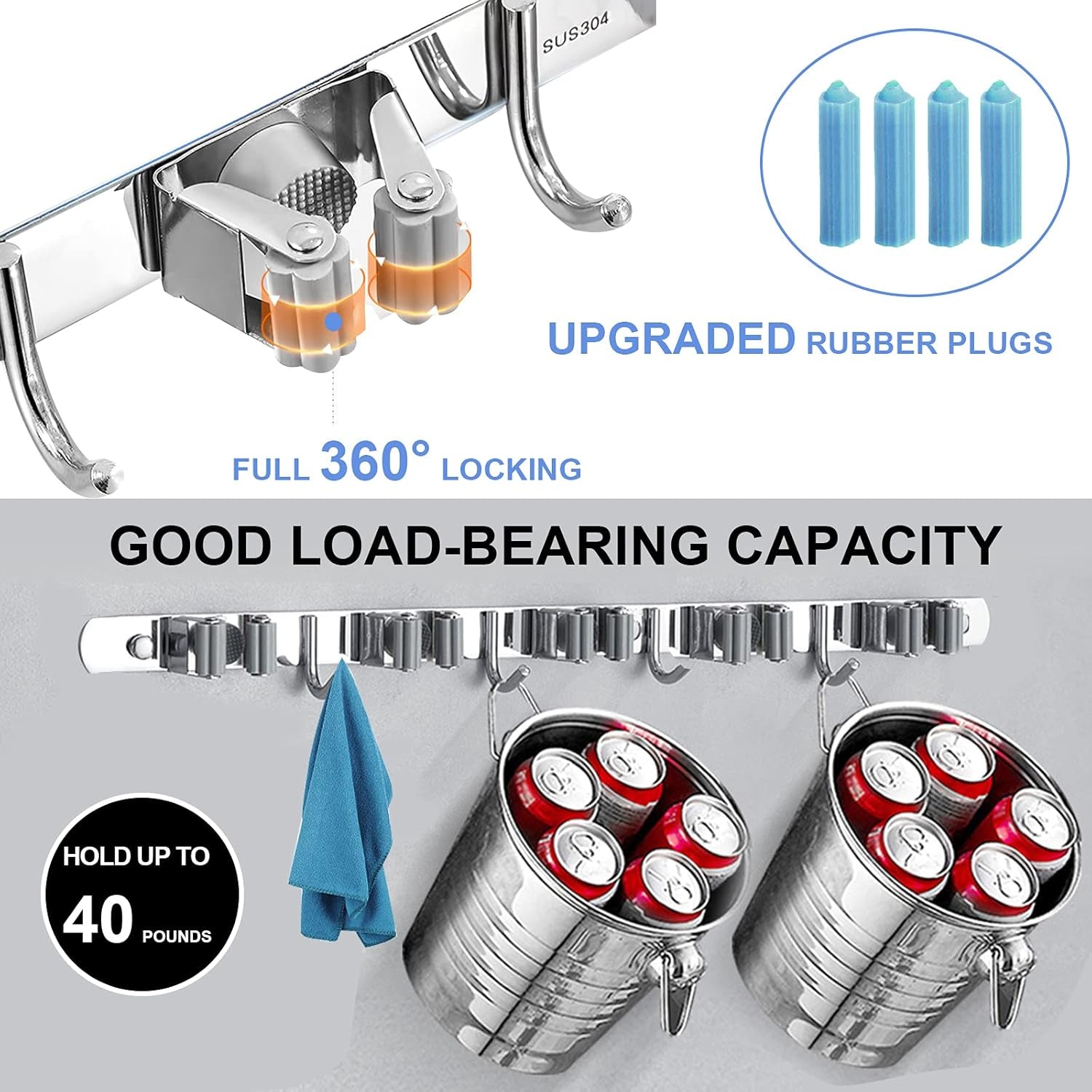 Broom Mop Holder Wall Mount - 5 Slots & 4 Hooks Broom Mop Organizer Wall Mount, Stainless Steel, Heavy Duty, Self Adhesive, Solid Non-Slip, for Laundry Room Garage Closet Basement Organization