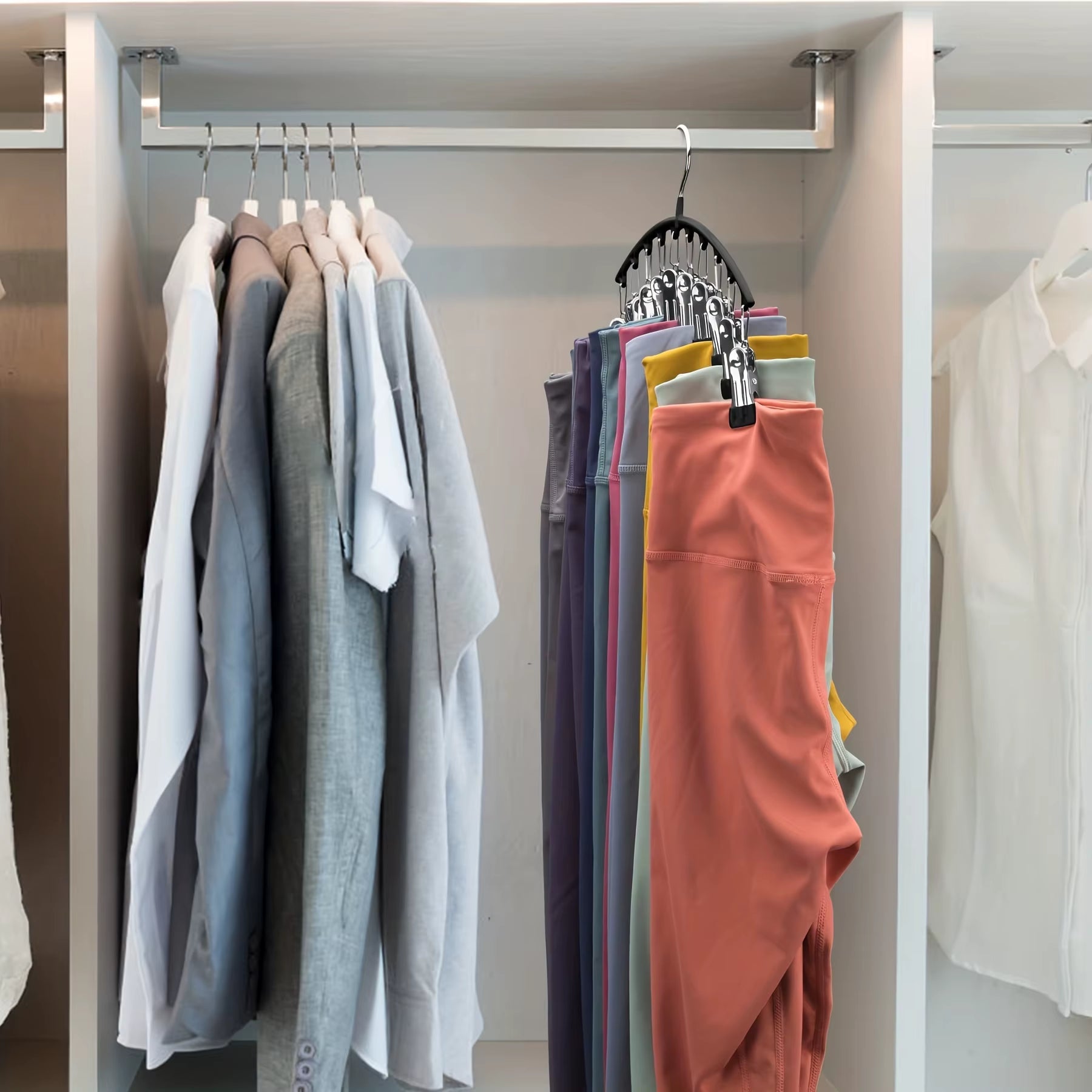 1Pc Curved Shape Hanger, Metal Yoga Pants Hangers, Organizer for Closet, Pants Hanger with 10 Clothespins, Holds 10 Leggings