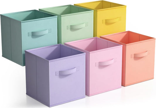 11 Inch Fabric Storage Cubes - Sturdy Collapsible Bins with Handle - 6 Foldable Baskets for Organizing Clothes, Toys, Books - Multi Colored Storage Baskets for Shelves, Kids Room, Closets