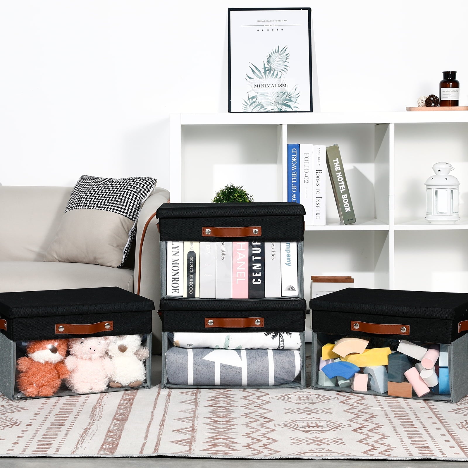 Collapsible Storage Bins with Lid 15 X 11 X 9.7 Inch 4-Pack Fabric Organizer with Clear Window Storage Baskets 