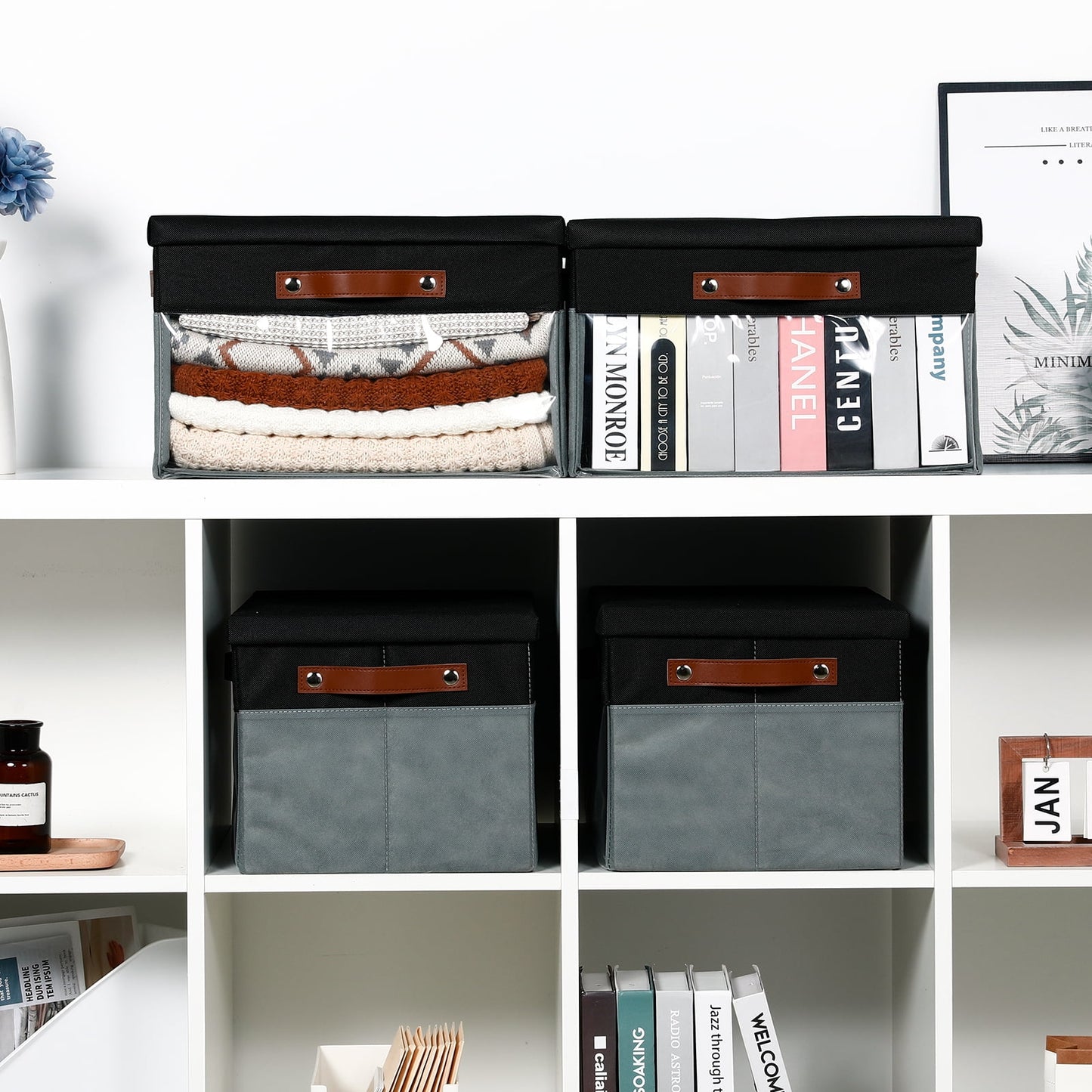 Collapsible Storage Bins with Lid 15 X 11 X 9.7 Inch 4-Pack Fabric Organizer with Clear Window Storage Baskets 
