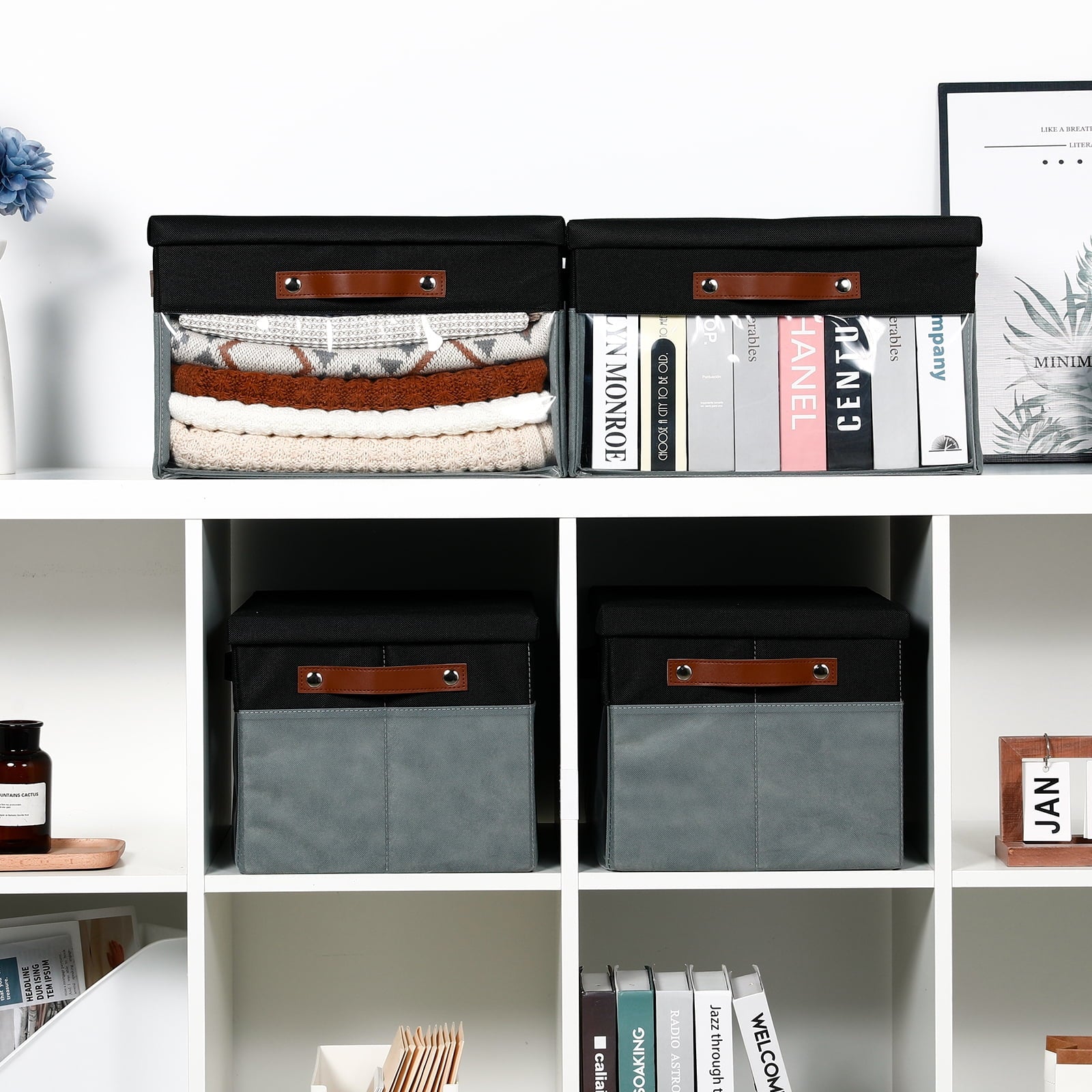 Collapsible Storage Bins with Lid 15 X 11 X 9.7 Inch 4-Pack Fabric Organizer with Clear Window Storage Baskets 
