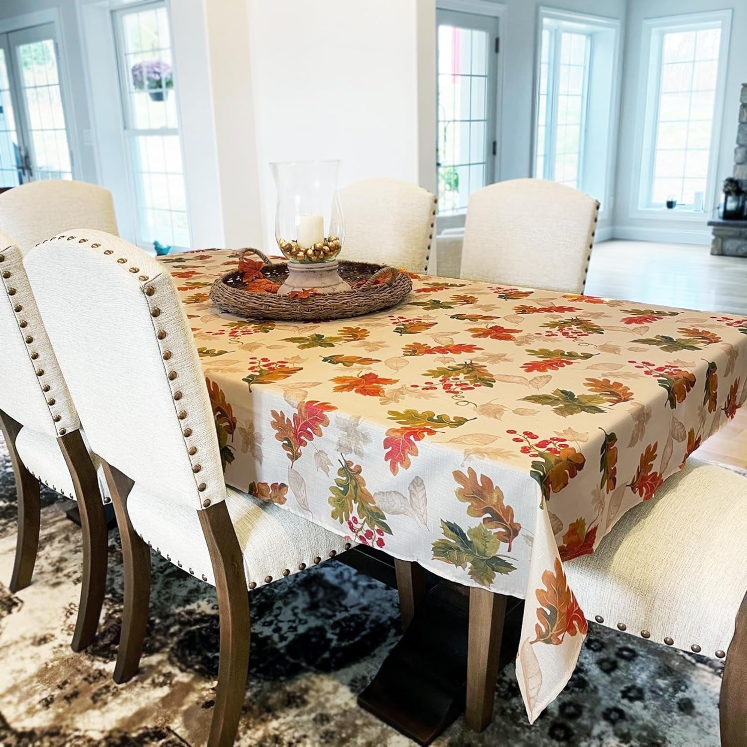 Home Fashions Swaying Leaves Printed Fall Tablecloth, Autumn Table Decor, Square, 52 in X 52