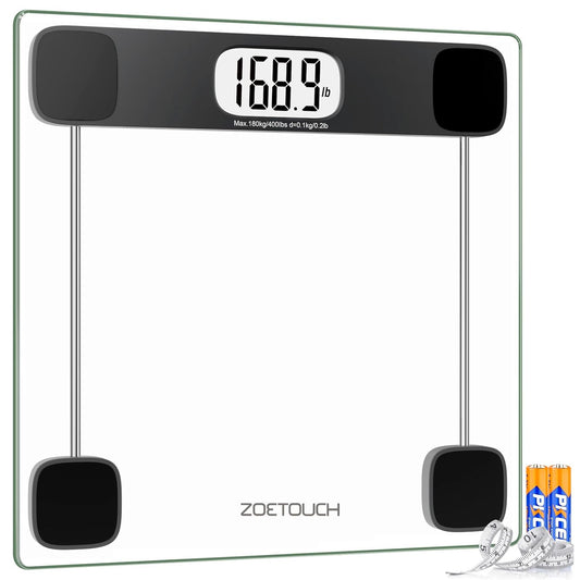 Scale for Body Weight Digital Bathroom Scale Accurate Weighing Machine for People, High Precision Bath Scale, Step On, Tempered Glass LCD Display Batteries and Tape Measure Included, 400Lbs
