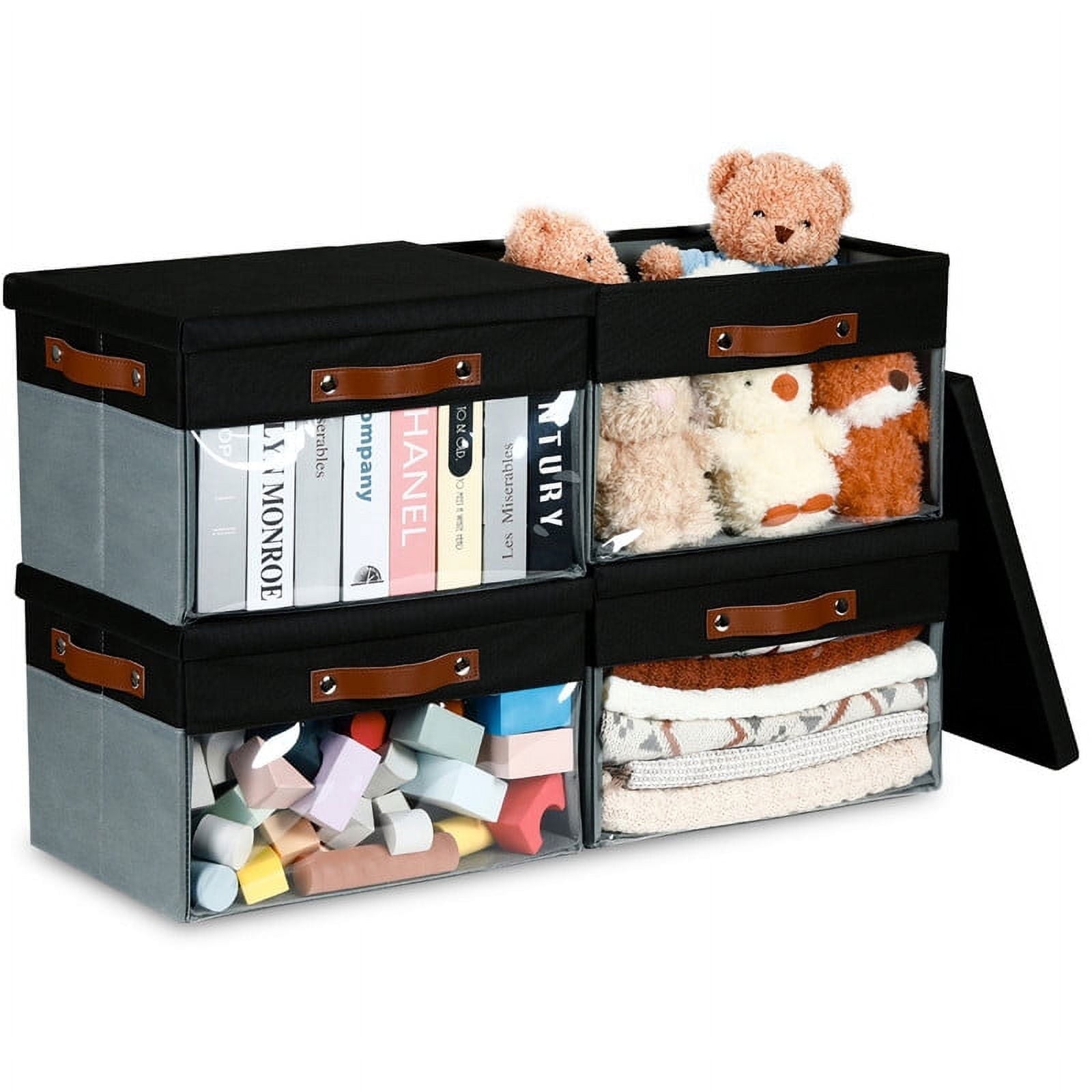 Collapsible Storage Bins with Lid 15 X 11 X 9.7 Inch 4-Pack Fabric Organizer with Clear Window Storage Baskets 