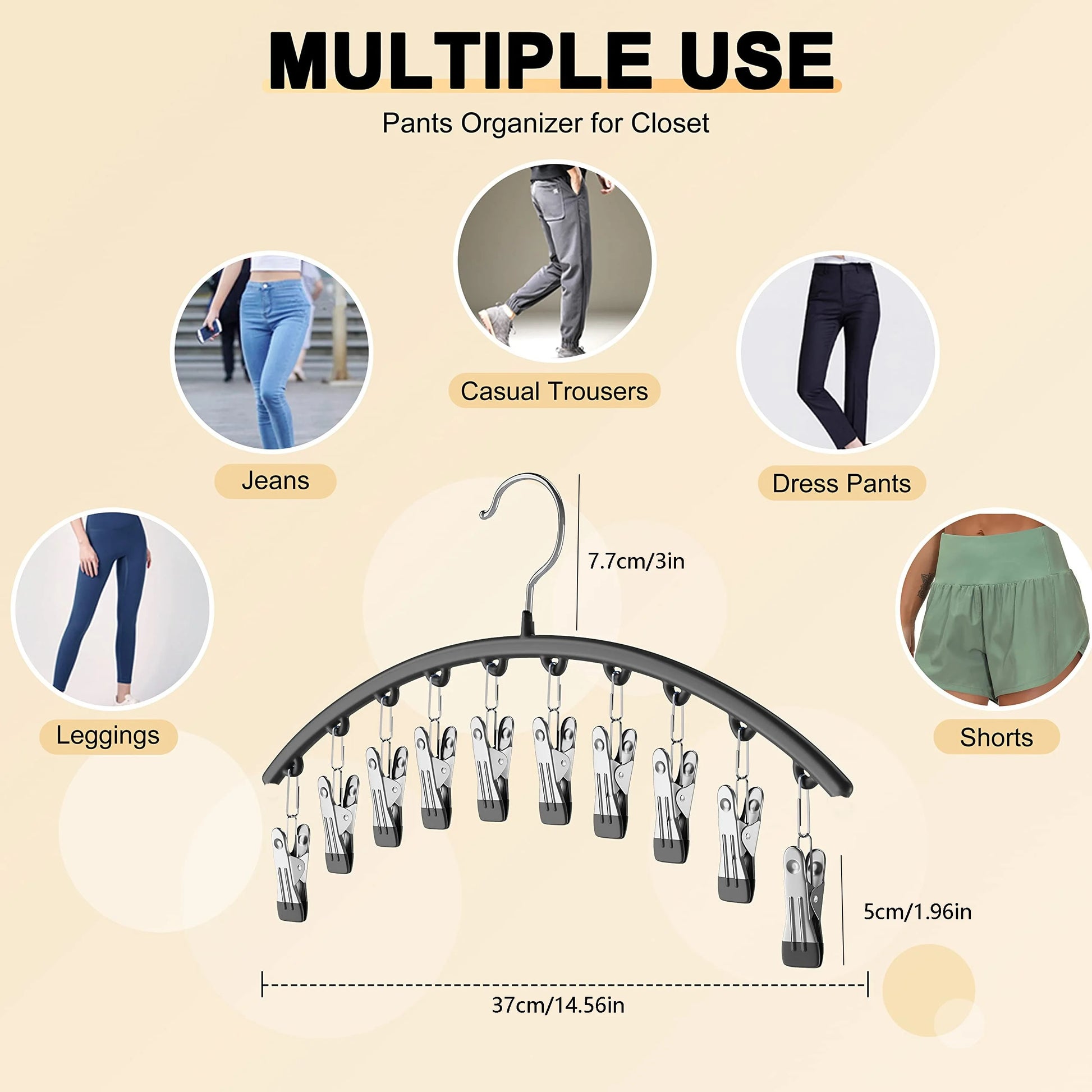1Pc Curved Shape Hanger, Metal Yoga Pants Hangers, Organizer for Closet, Pants Hanger with 10 Clothespins, Holds 10 Leggings