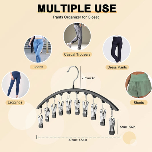 1Pc Curved Shape Hanger, Metal Yoga Pants Hangers, Organizer for Closet, Pants Hanger with 10 Clothespins, Holds 10 Leggings