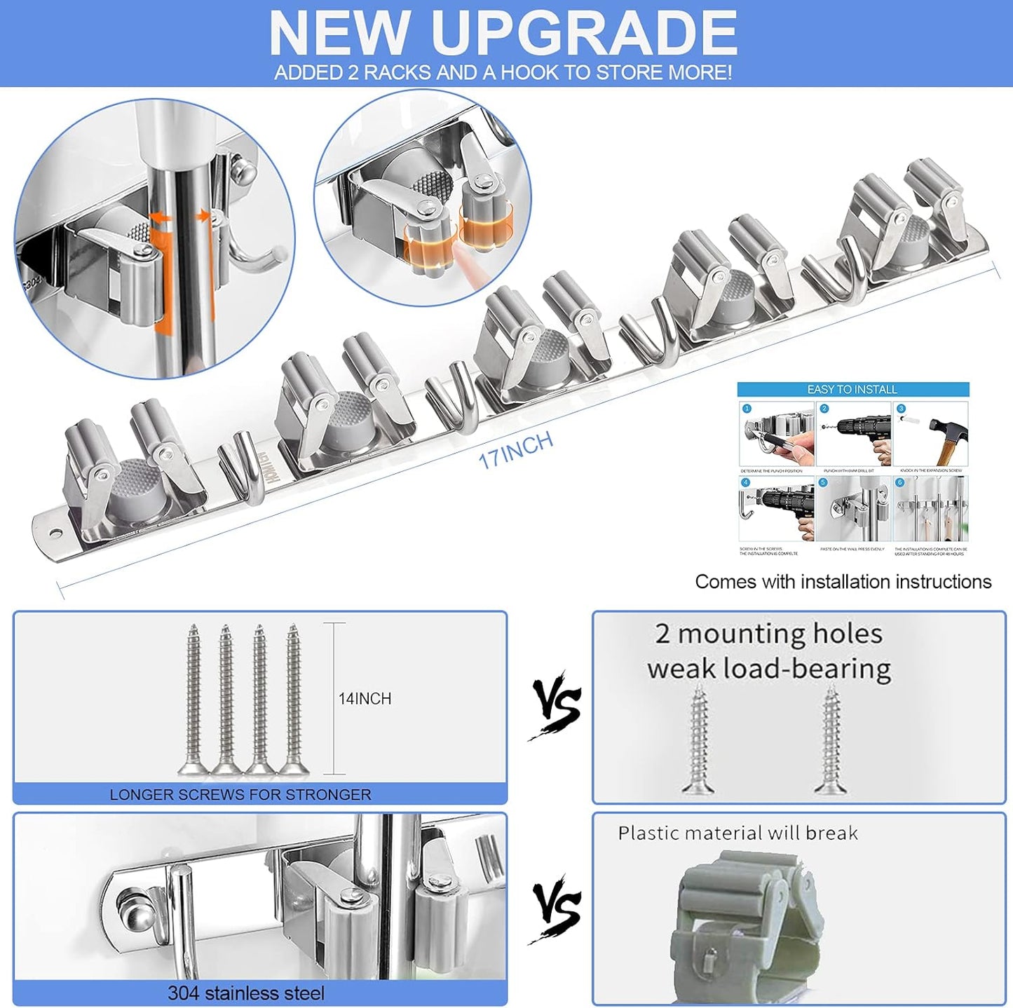 Broom Mop Holder Wall Mount - 5 Slots & 4 Hooks Broom Mop Organizer Wall Mount, Stainless Steel, Heavy Duty, Self Adhesive, Solid Non-Slip, for Laundry Room Garage Closet Basement Organization