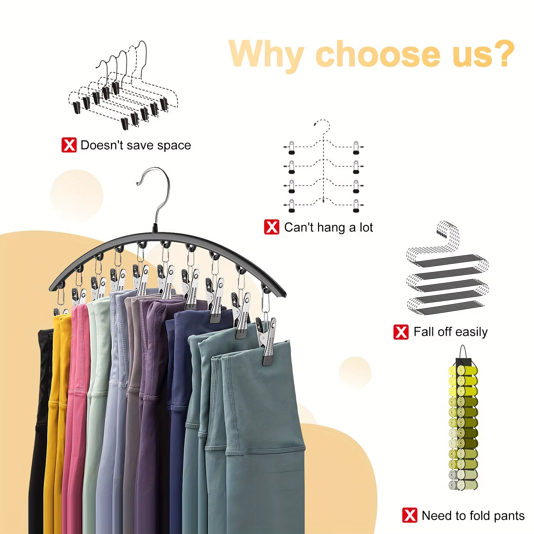 1Pc Curved Shape Hanger, Metal Yoga Pants Hangers, Organizer for Closet, Pants Hanger with 10 Clothespins, Holds 10 Leggings