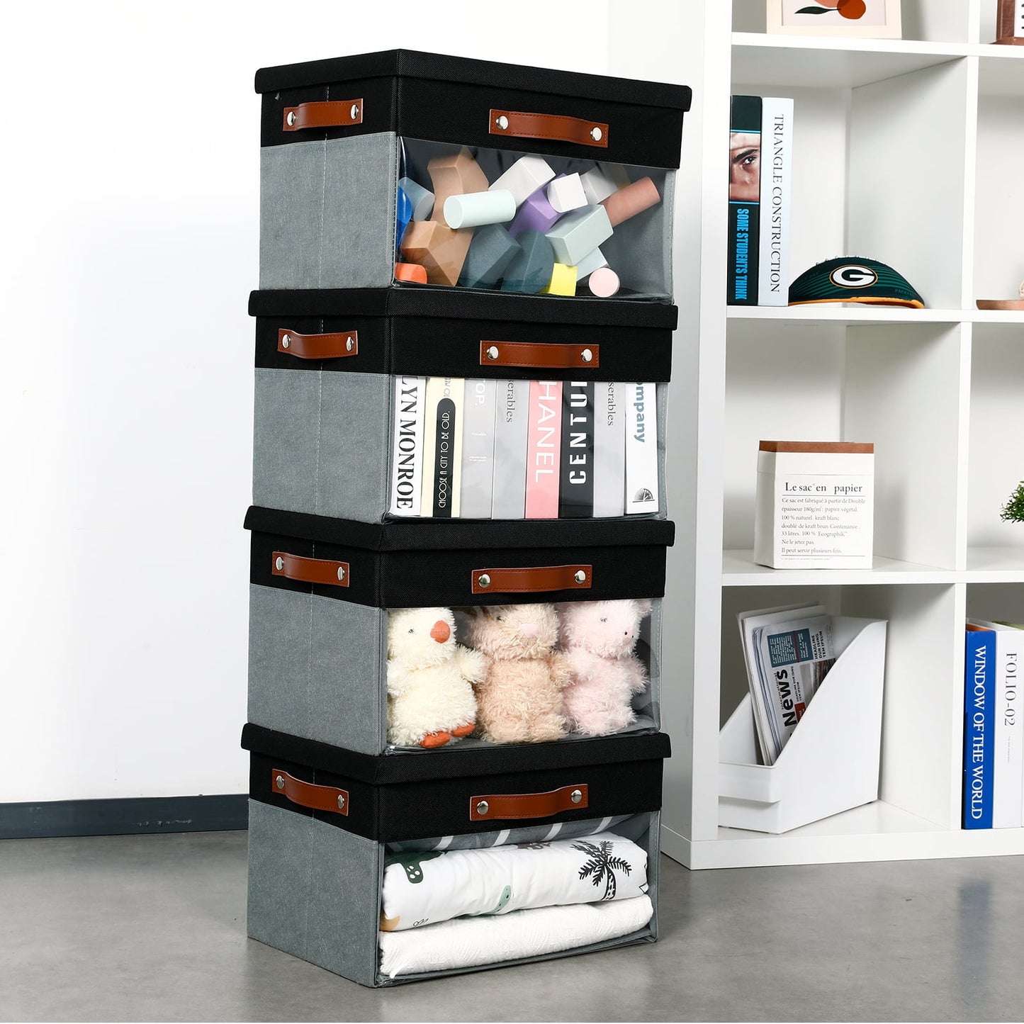 Collapsible Storage Bins with Lid 15 X 11 X 9.7 Inch 4-Pack Fabric Organizer with Clear Window Storage Baskets 
