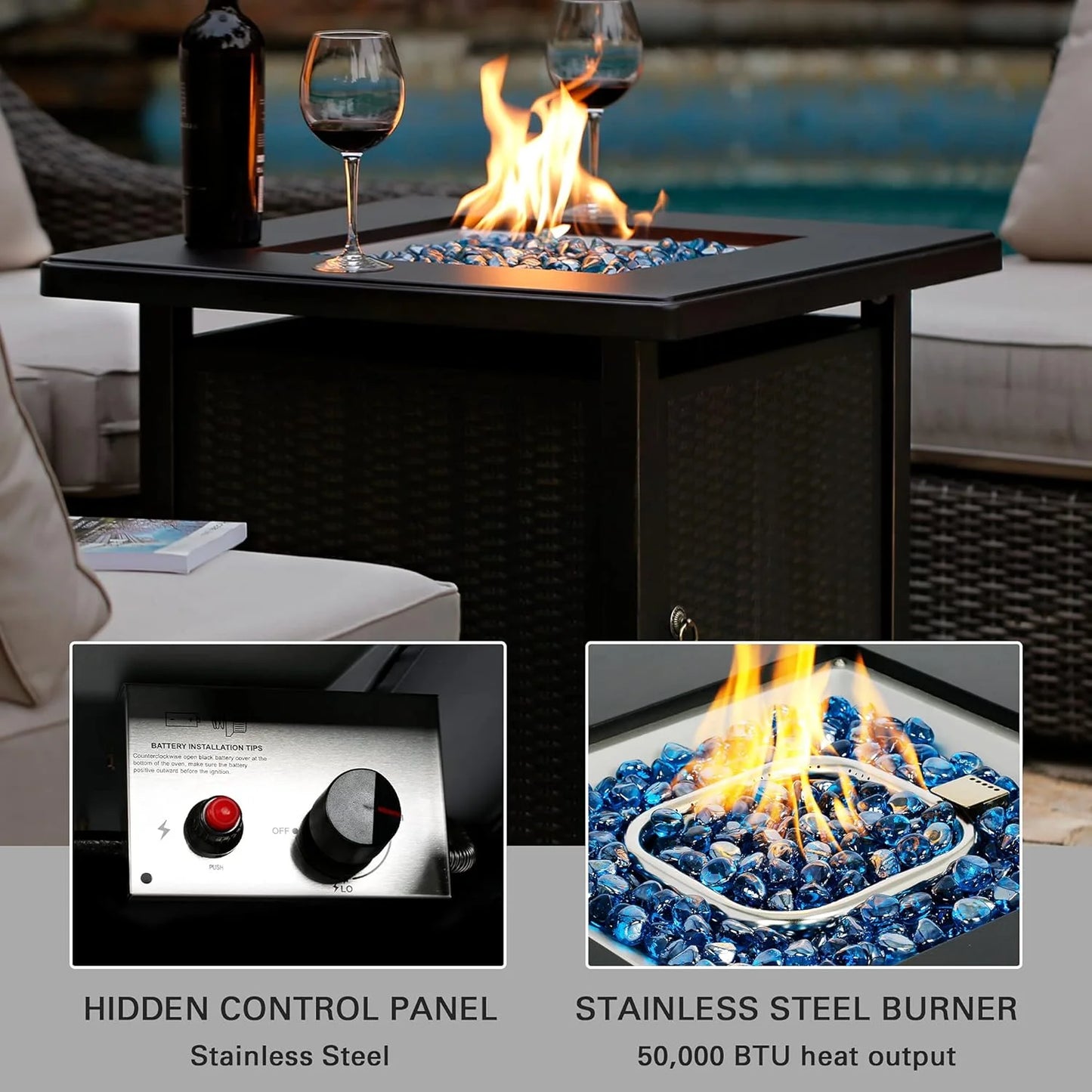 Propane Gas Fire Pit Table with Lid for outside Backyard, Patio 50000 BTU 28 Inch