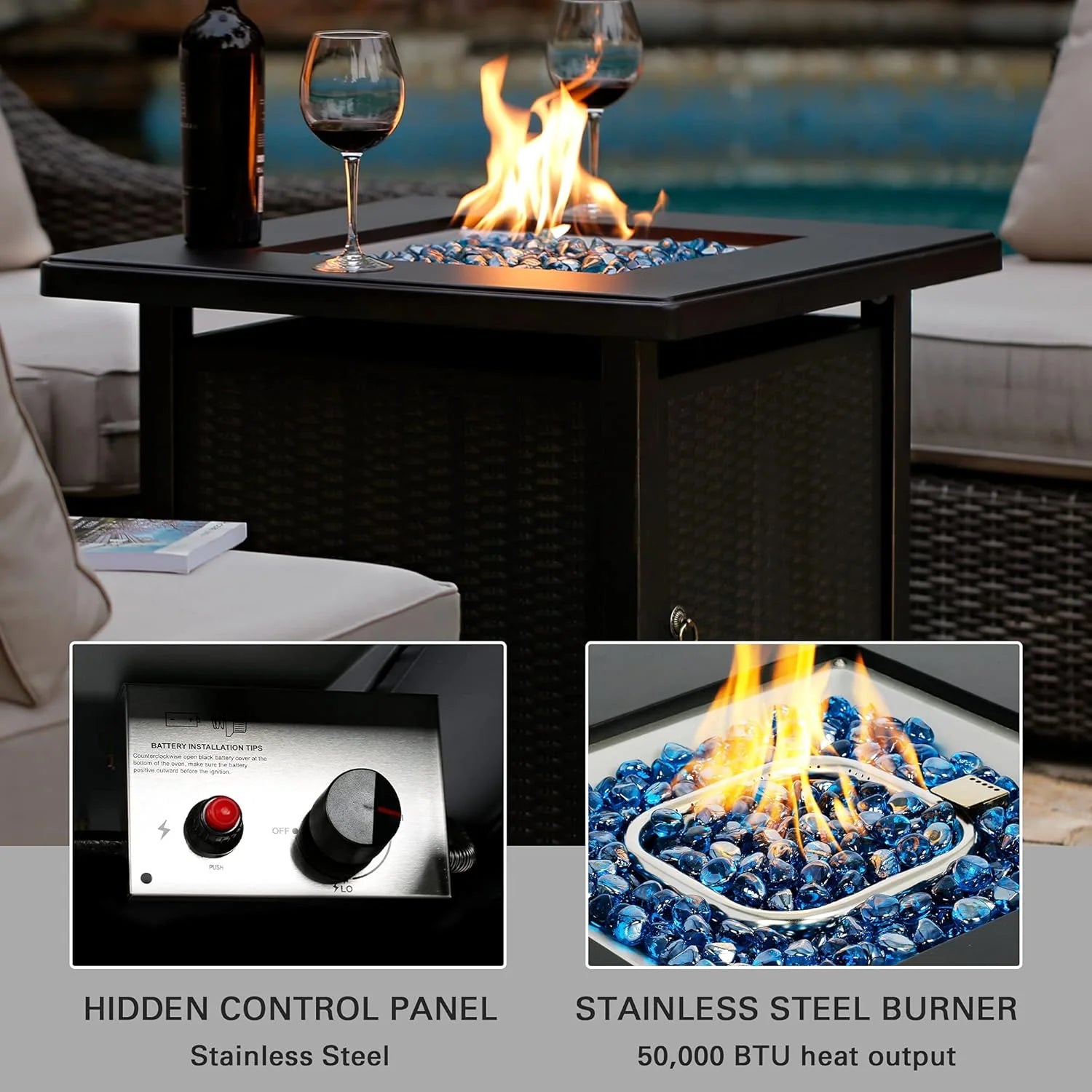 Propane Gas Fire Pit Table with Lid for outside Backyard, Patio 50000 BTU 28 Inch
