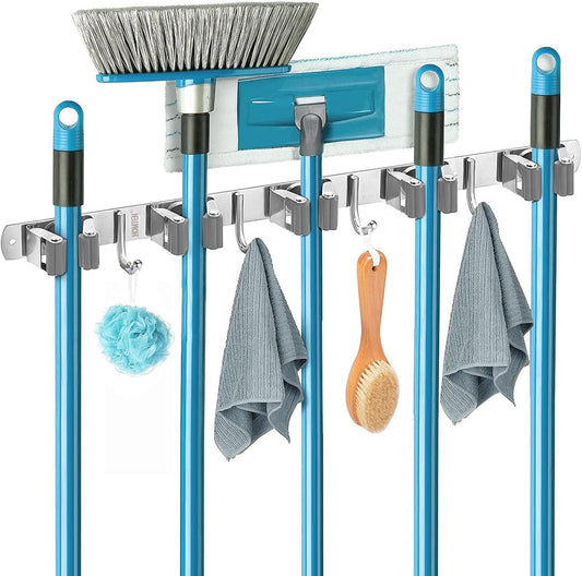 Broom Mop Holder Wall Mount - 5 Slots & 4 Hooks Broom Mop Organizer Wall Mount, Stainless Steel, Heavy Duty, Self Adhesive, Solid Non-Slip, for Laundry Room Garage Closet Basement Organization